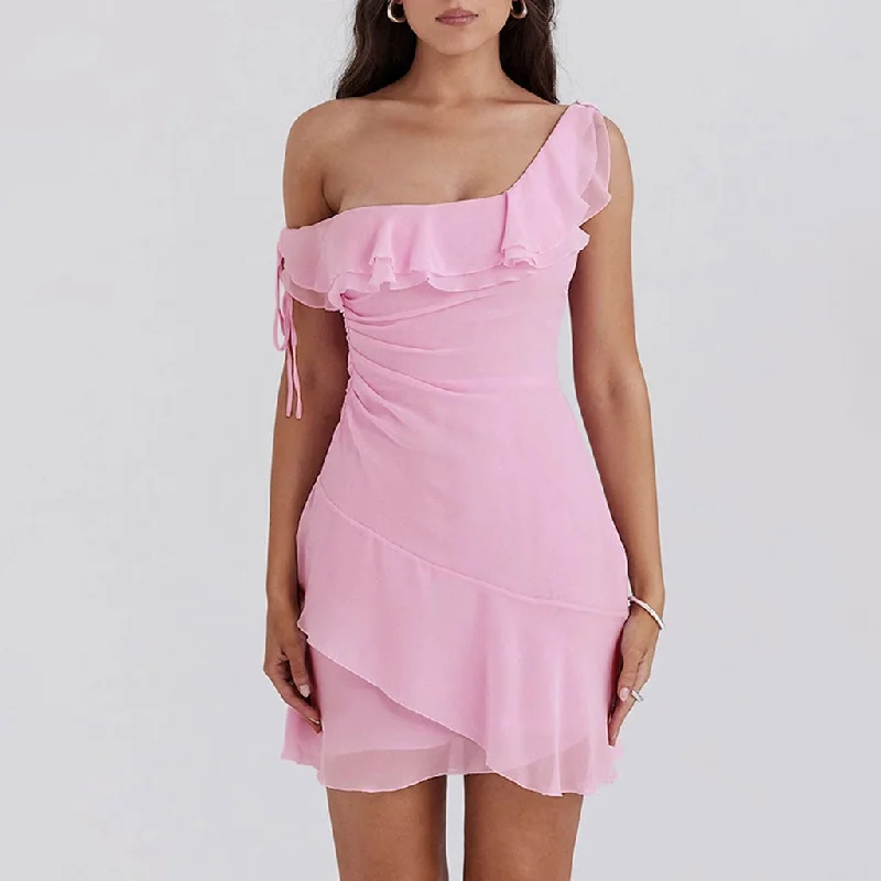 Asymmetric One Shoulder Bow Tie Gathered Trim Layered Ruffle Mini Dress Stylish Sweetheart Mini Dress