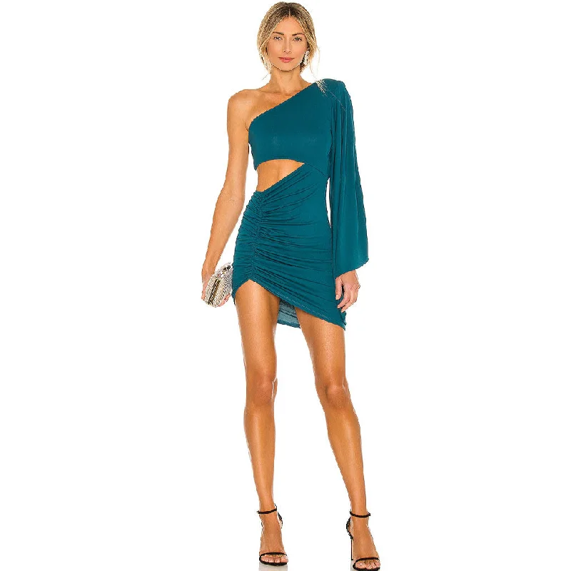 Asymmetric One Shoulder Cutout Ruched Party Mini Dress - Teal Trendy Camisole Mini Dress