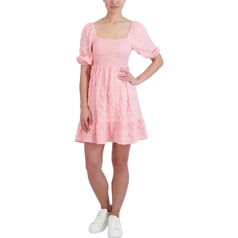 BCBGeneration Women's Puff Sleeve Smocked Mini Dress with Ruffle Hem Stylish Ribbed Mini Dress