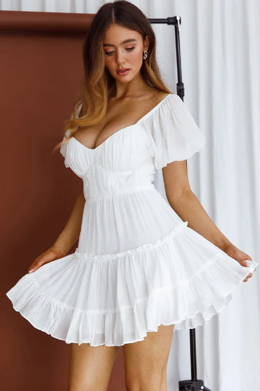 Camille Gathered Bodice Puff Sleeve Flounce Hem Mini Dress White Chic Bohemian Mini Dress