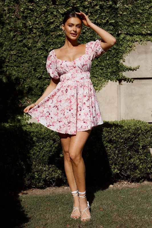 Chasing Sunsets Off-Shoulder Mini Dress Floral Pink Classic Floral Print Mini Dress