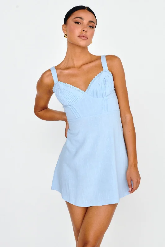 Day Dreamer Pintuck Pleat Mini Dress Blue Elegant Lace-Up Mini Dress