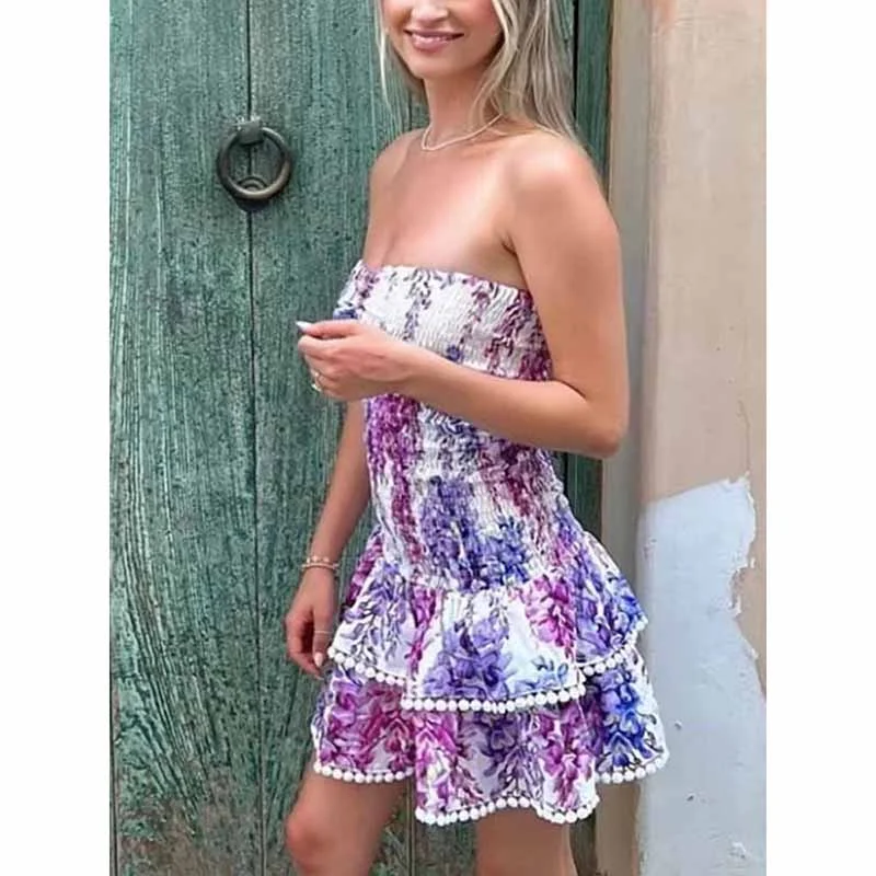 Embroidered Ruffled Floral Mini Dress Strapless Short Dress Trendy Tie-Dye Mini Dress