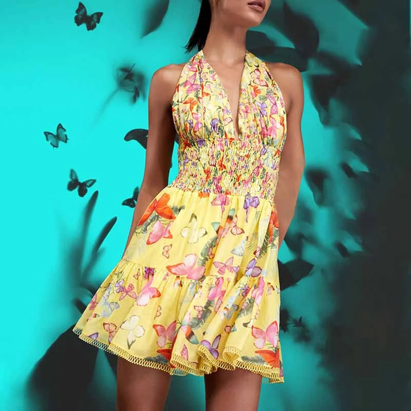 Halter Floral Patchwork Multi-Layered Ruffle Mini Dresses Trendy Crossover Mini Dress