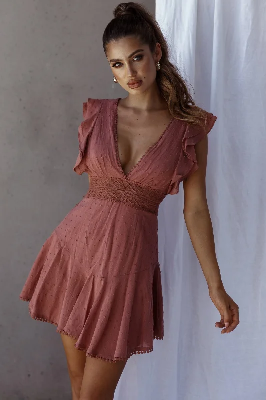 Idyllwild Ruffle Shoulder Mini Dress Rose Elegant Mini Dress with Ruffles