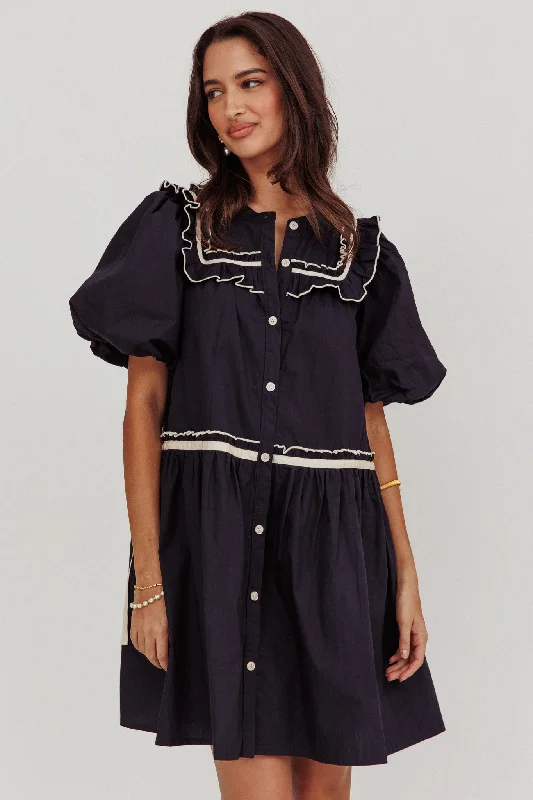 Late Spring Puff Sleeves Ruffle Mini Dress Navy Trendy Wraparound Mini Dress