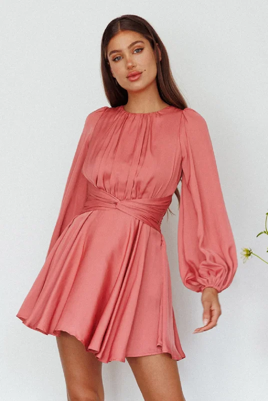 Leia Long Sleeve Waist Tie Mini Dress Rose Fashionable Summer Mini Dress