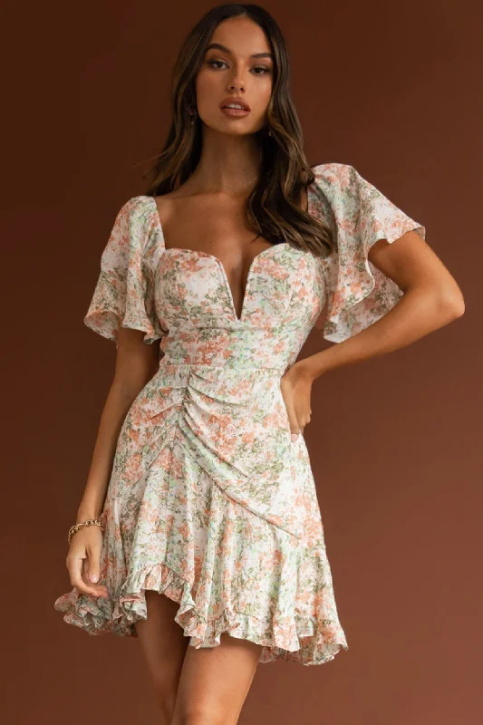 Leona V-Bust Frill Mini Dress Floral Peach Stylish Puff Sleeve Mini Dress