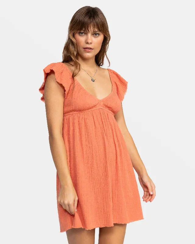 Luna Flutter Sleeves Mini Dress - Apricot Brandy Comfortable Zip-Up Mini Dress