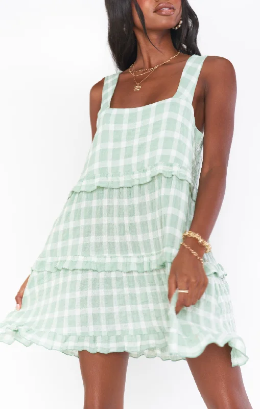 Napa Mini Dress ~ Green Plaid Comfortable Off-Shoulder Mini Dress