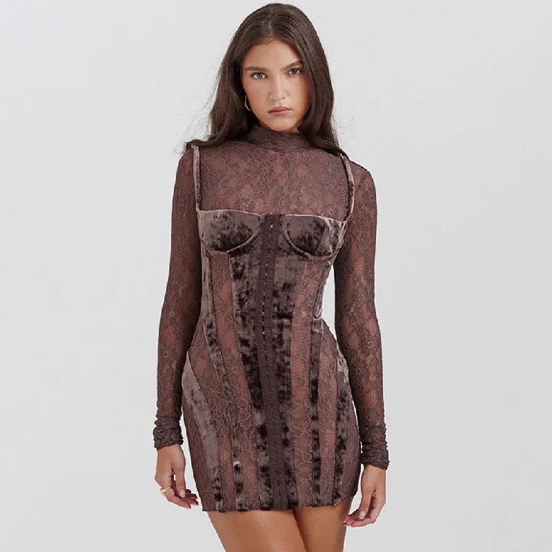 Nostalgic High Neck Long Sleeve Velvet Panel Sheer Lace Corset Mini Dress Cozy T-Shirt Mini Dress