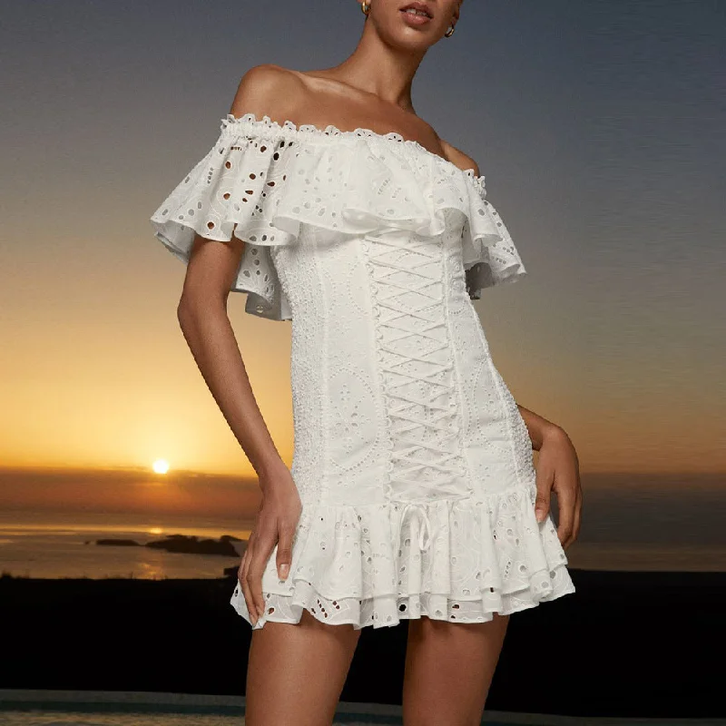 Off-the-shoulder Ruffled Mini Dress Casual Mini Dress with Pockets