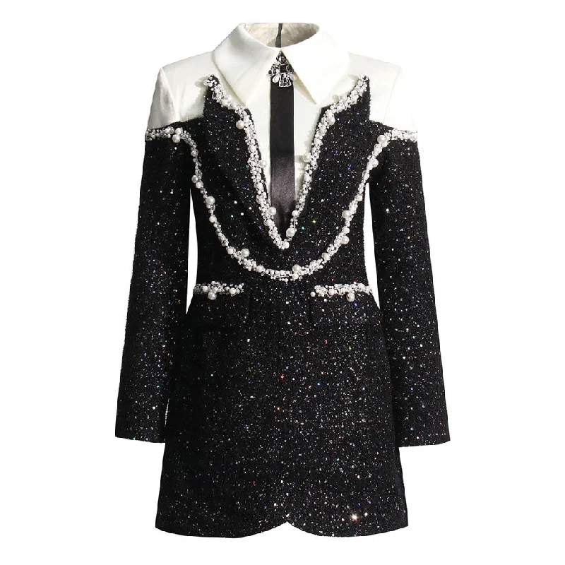 Opulent Crystal Satin Tie Long Sleeve Pearl Sequin Hybrid Tweed Mini Dress Modern Satin Mini Dress