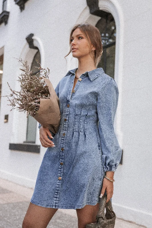 Phoenix Long Sleeve Mini Dress - Denim Stylish Floral Print Mini Dress