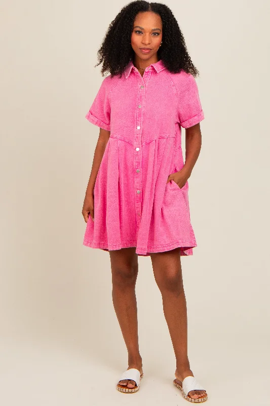 Pink Denim Button Down Mini Dress Fashionable Mini Dress with Frills