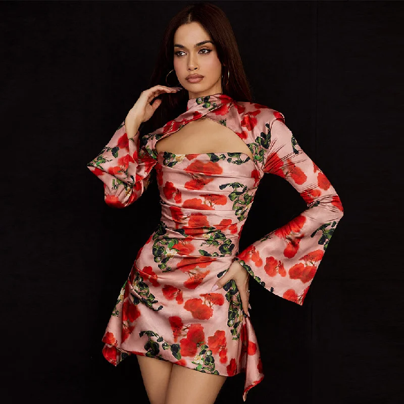 Rose Cutout High Neck Bell Sleeve Pleated Printed Mini Dress - Red Casual Mini Dress with Pockets