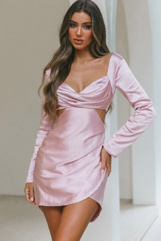 Shaken Not Stirred Cut-Out Waist Long Sleeve Pleat Mini Dress Blush Trendy Wraparound Mini Dress