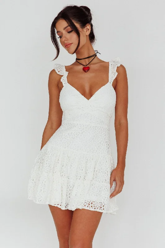 Short Notice Ruffle Strap Lace Mini Dress White Fashionable Mini Dress with Pockets