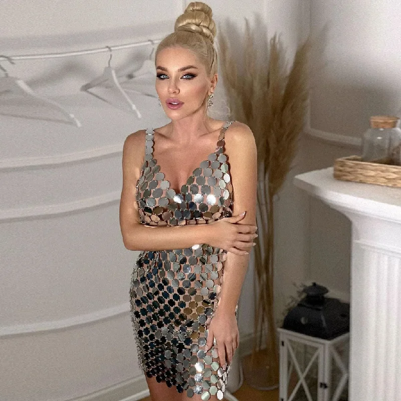 Sparkly Sequin Deep V Backless Sheer Effect Club Mini Dress - Silver Elegant Satin Lace Mini Dress