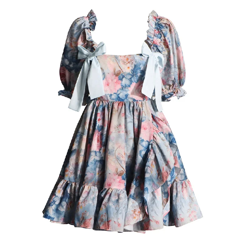 Sweet Floral Print Square Neck Puff Sleeve Ruffle Flared Bow Trim Mini Dress Fashionable Denim Mini Dress