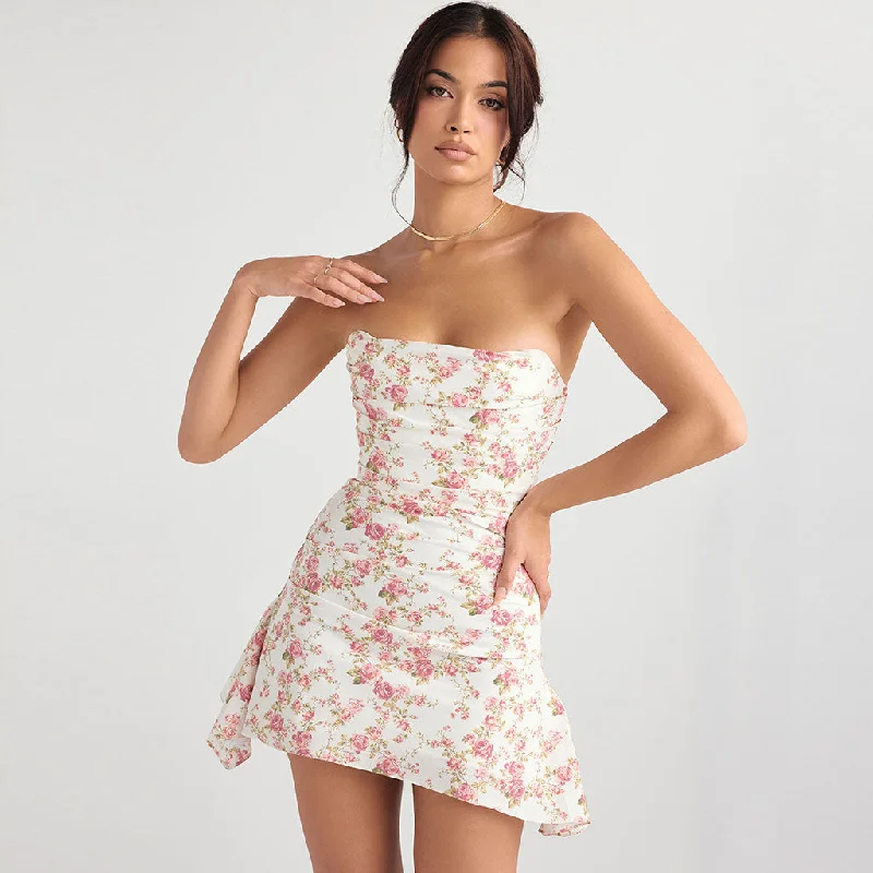 Sweet Floral Strapless Pleated Corset Draped Satin Mini Dress - Pink Chic Halter Mini Dress