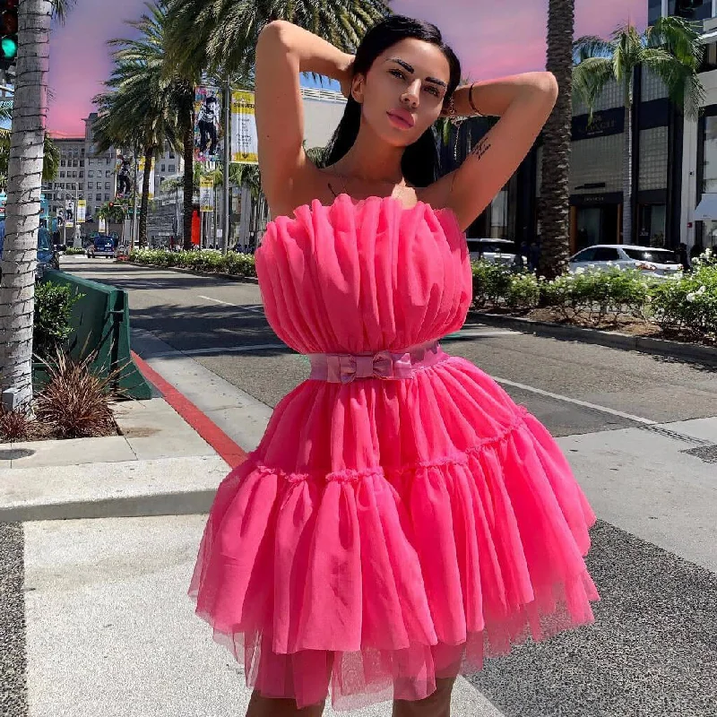 Sweet Strapless Ruffle Bowknot Front Tulle Bandeau Mini Dress - Rose Elegant Vintage Mini Dress