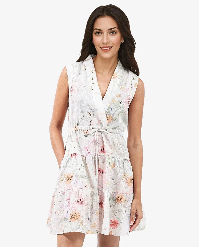 Rareism Women Trazo Multi Sleeveless Over Lap Neck Tie Up Fit And Flare Floral Print Mini Dress Fashionable Lace-Trim Mini Dress