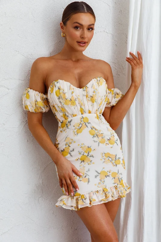 Verona Off-Shoulder Gathered Mini Dress Floral Yellow Chic Pleated Mini Dress