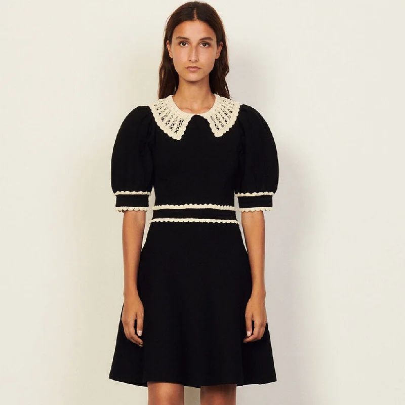 Vintage Style Lace Collar Puff Sleeve Skater Knit Mini Dress - Black Trendy Floral Mini Dress