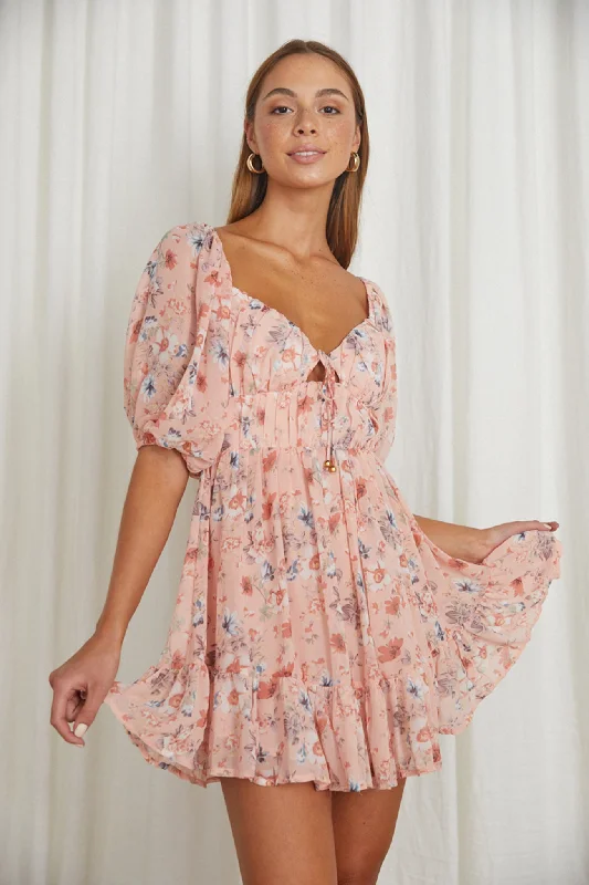 Vista Del Mar Tied Bust Mini Dress Floral Pink Comfortable Shift Mini Dress