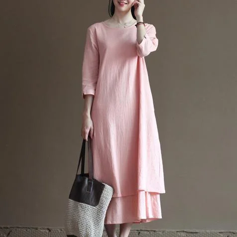 pink spring layered linen dress long maxi dresses Stylish Button-Up Maxi Dress