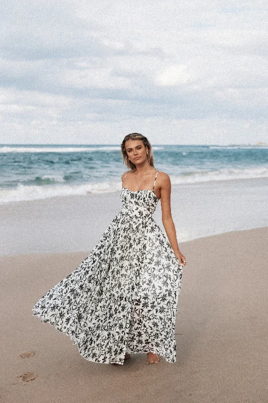 Achanti Pleated Maxi Dress - White Black Floral Classic Strapless Maxi Dress