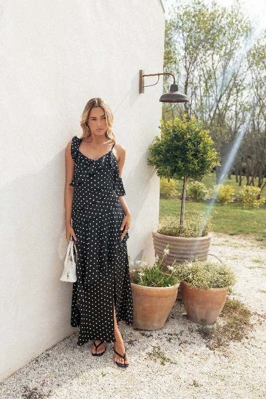 Adelina Maxi Dress - Black Polka Dot Elegant Pleated Maxi Dress