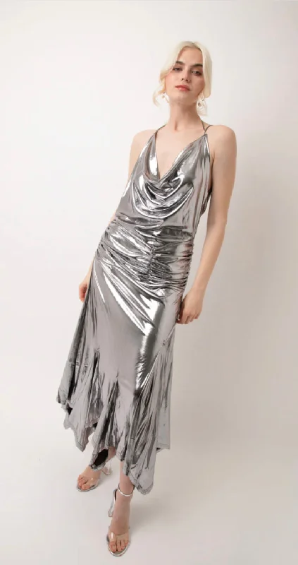 ALASKA SILVER METALLIC MAXI DRESS Trendy V-Neck Maxi Dress