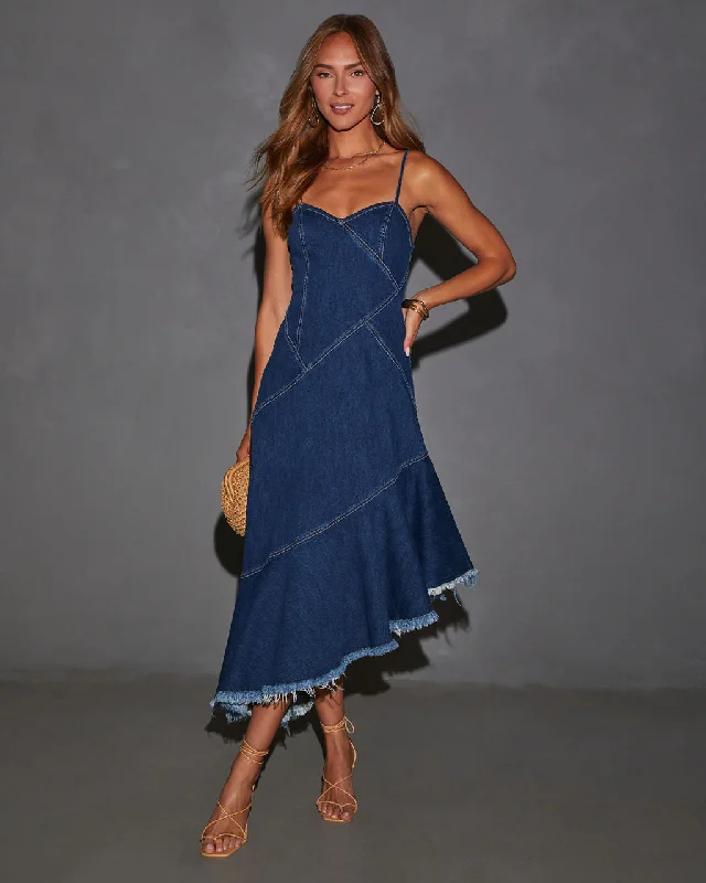 Perry Asymmetrical Raw Hem Denim Midi Dress Comfortable Denim Midi Dress