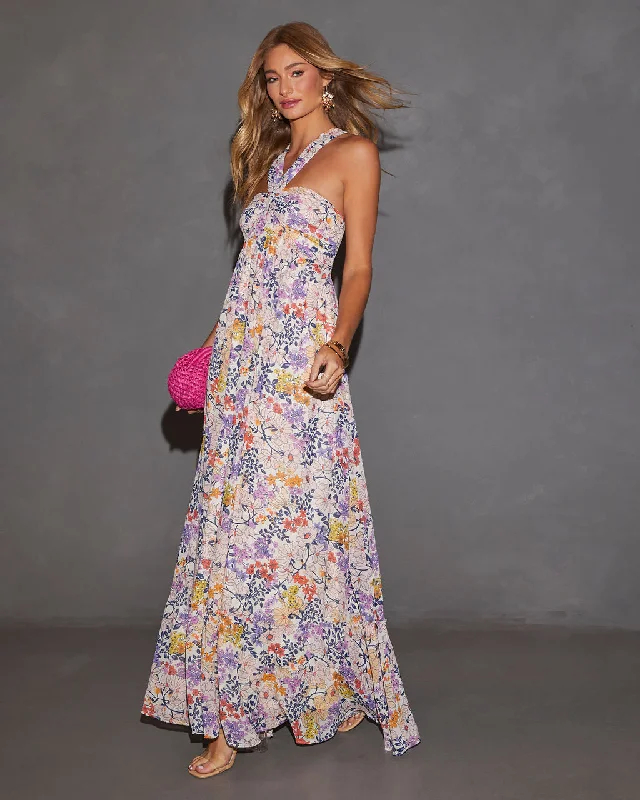 Aulani Halter Neck Printed Empire Maxi Dress Trendy Maxi Dress with Bow