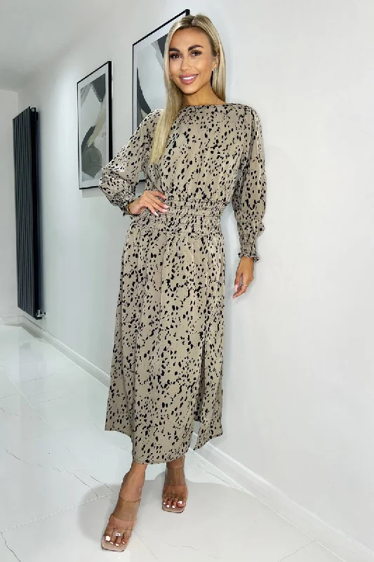 Beige Animal Print Long Sleeve Shirred Detail Midi Dress Trendy Fit-and-Flare Midi Dress