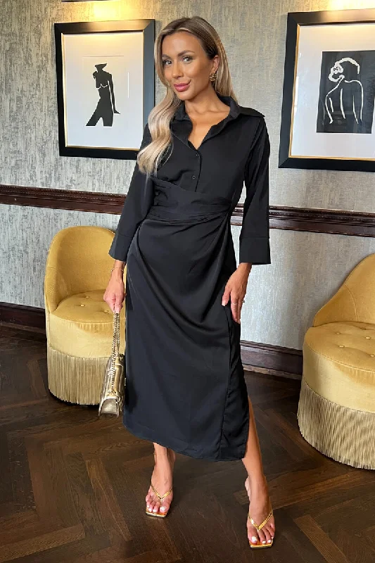 Black 3/4 Sleeves Gathered Waist Shirt Midi Dress Elegant Faux Wrap Midi Dress