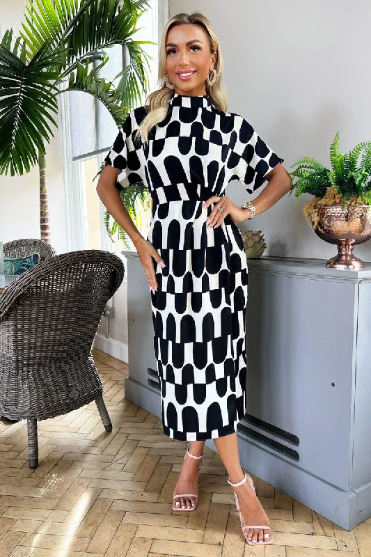 Black And Cream Abstract Print High Neck Wrap Skirt Midi Dress Comfortable Geometric Print Midi Dress