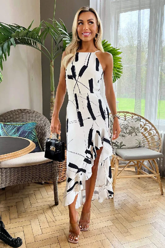 Black And White Frill Hem High Neck Midi Dress Elegant Pleated Sleeve Midi Dress