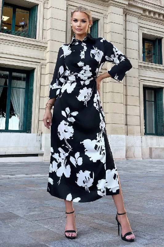 Black And White Print Draped Shirt Midi Dress Comfortable Short Sleeve Midi Dress