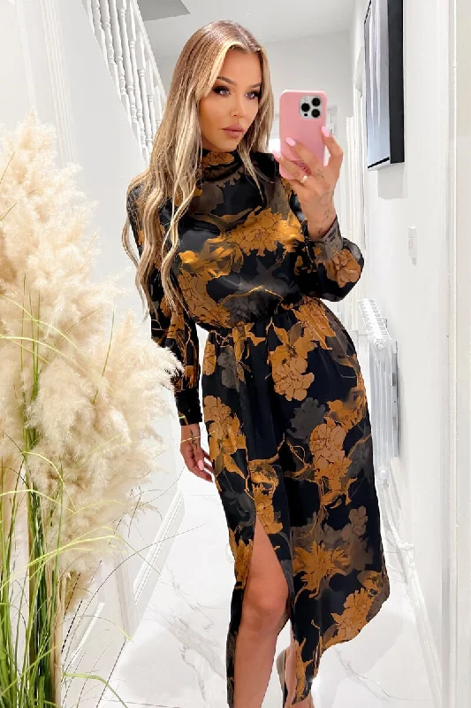 Black Floral Print High Neck Long Sleeve Midi Dress Fashionable Casual Midi Dress