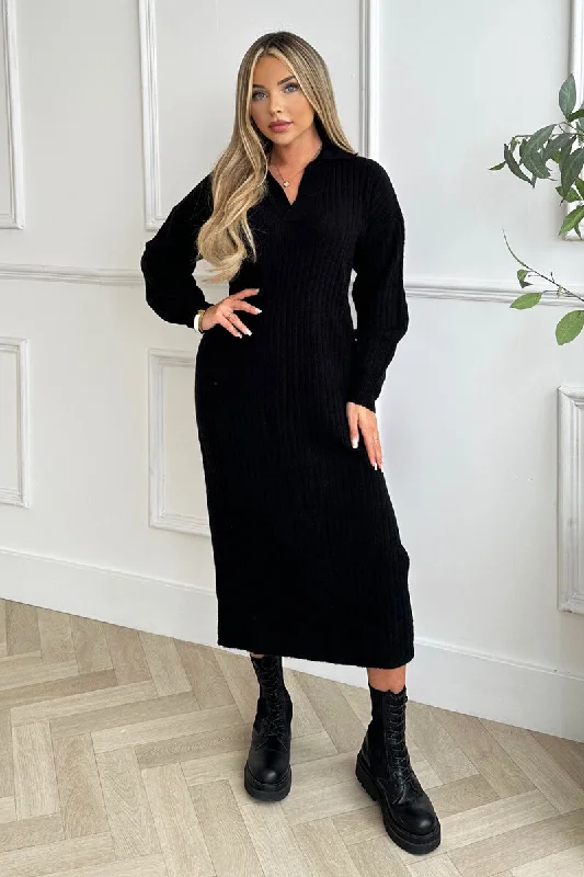 Black Knit Long Sleeve Collared Midi Dress Elegant Velvet Midi Dress