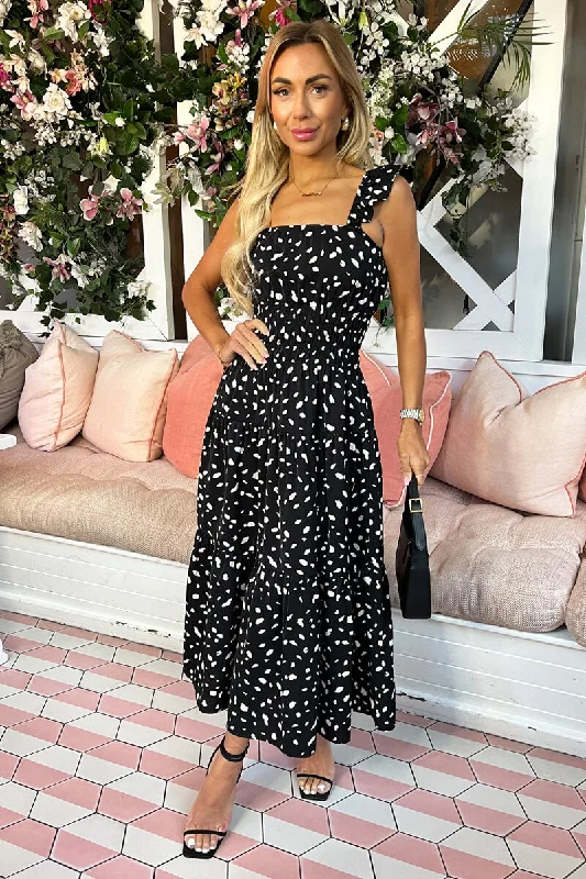 Black Printed Frill Strap Midi Dress Fashionable Polka Dot Midi Dress