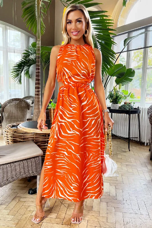 Blood Orange Printed Cut Out Midi Dress Trendy Midi Dress with Belt