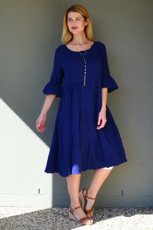 Blue Cheesecloth Midi Dress Trendy Ruched Side Midi Dress