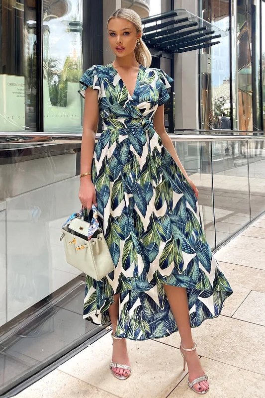 Blue Leaf Print Short Sleeve Belted Wrap Midi Dress Fashionable Shift Midi Dress