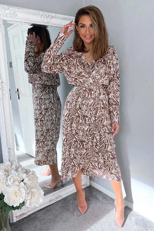 Brown Animal Print Wrap Over Midi Dress Trendy Shift Midi Dress