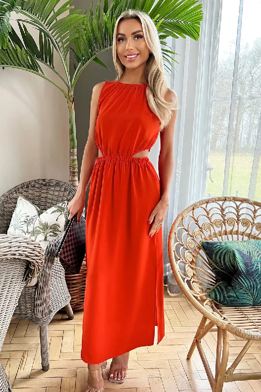 Burnt Orange Cut Out Midi Dress Chic Off-Shoulder Midi Dress