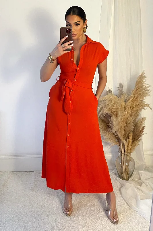 Burnt Orange Tie Waist Button Up Midi Dress Fashionable Chiffon Midi Dress